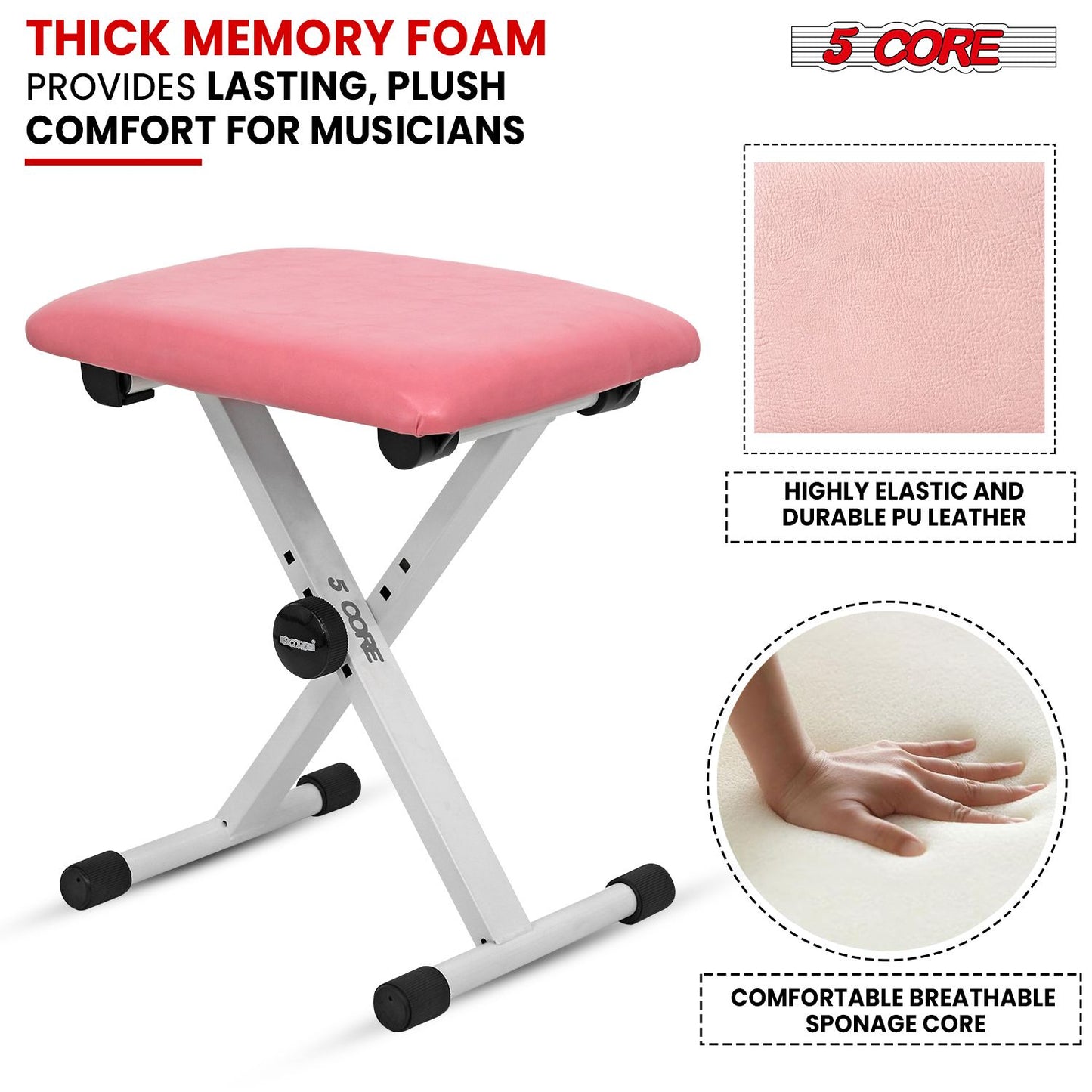 5 CORE Keyboard Bench Pair X Style Piano Stool Thick Padded 12 to 18.5 inch Adjustable Keyboards Chair Pink KBB02PNK