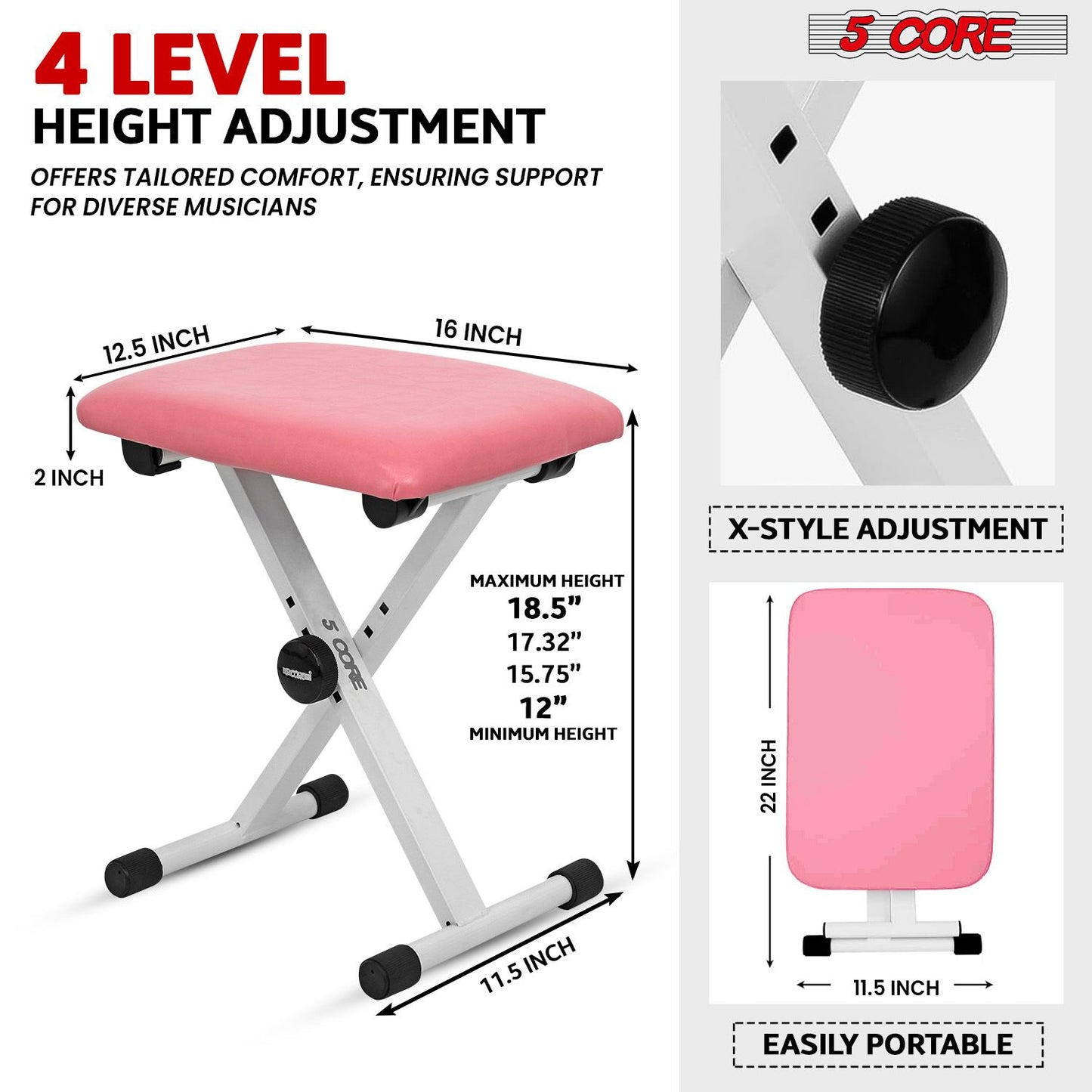 5 CORE Keyboard Bench Pair X Style Piano Stool Thick Padded 12 to 18.5 inch Adjustable Keyboards Chair Pink KBB02PNK