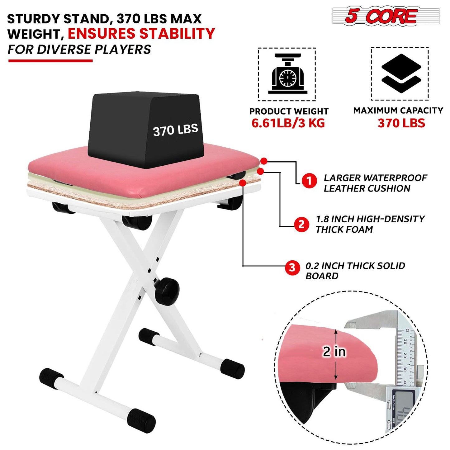 5 CORE Keyboard Bench Pair X Style Piano Stool Thick Padded 12 to 18.5 inch Adjustable Keyboards Chair Pink KBB02PNK