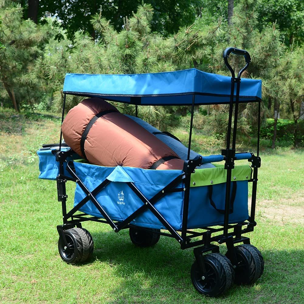 Collapsible Wagon Heavy Duty Folding Wagon Cart with Removable Canopy, 4" Wide Large All Terrain Wheels, Brake, Adjustable Handles,Cooler Bag Utility Carts for Outdoor Garden Beach