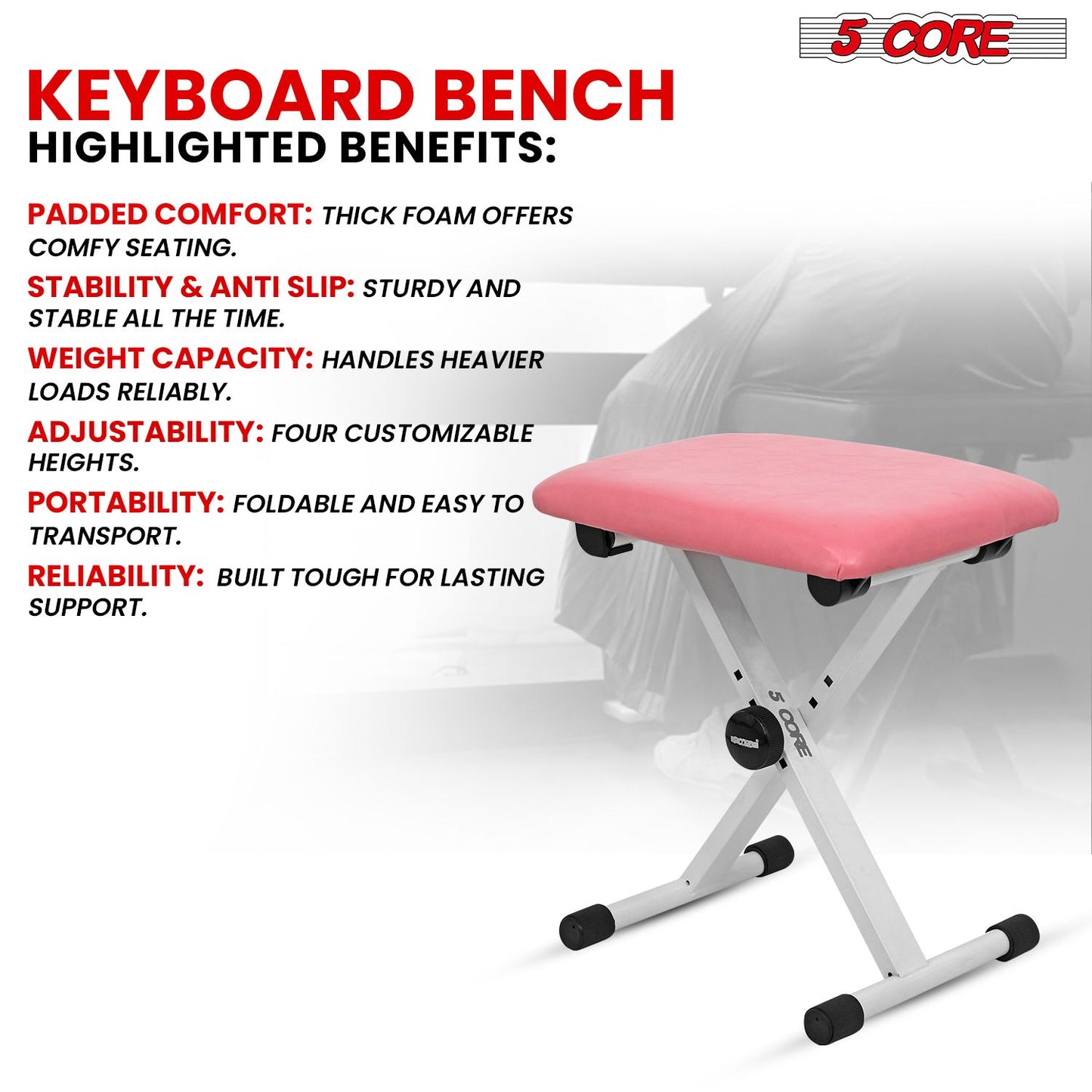 5 CORE Keyboard Bench Pair X Style Piano Stool Thick Padded 12 to 18.5 inch Adjustable Keyboards Chair Pink KBB02PNK