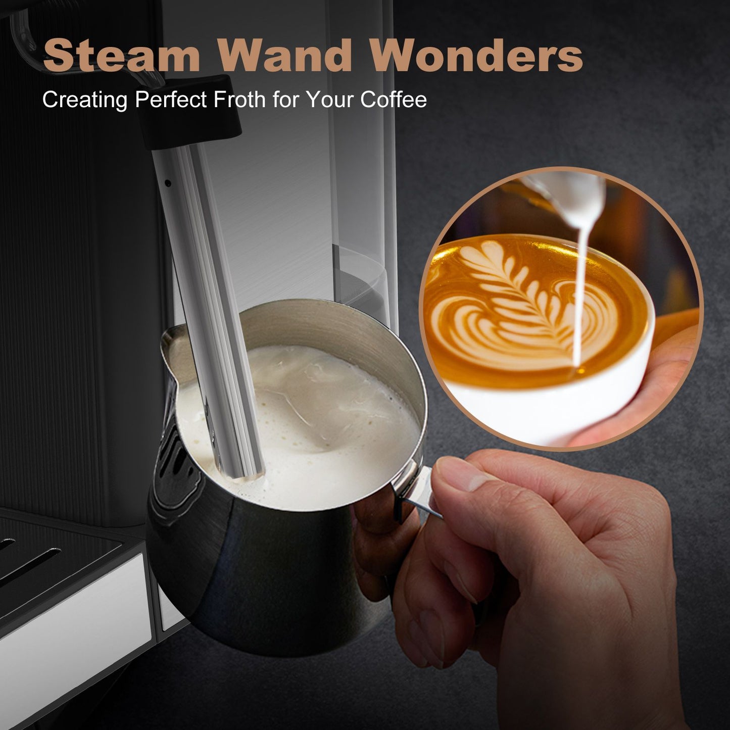 Geek Chef Espresso Machine, Cappuccino & Latte Machine with ESE POD Filter & Milk Frother Steam Wand, Accurate Temperature & Time Control, Compact Coffee Machine for Home,Stainless Steel