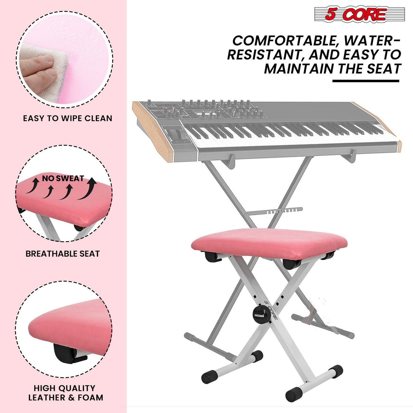 5 CORE Keyboard Bench Pair X Style Piano Stool Thick Padded 12 to 18.5 inch Adjustable Keyboards Chair Pink KBB02PNK