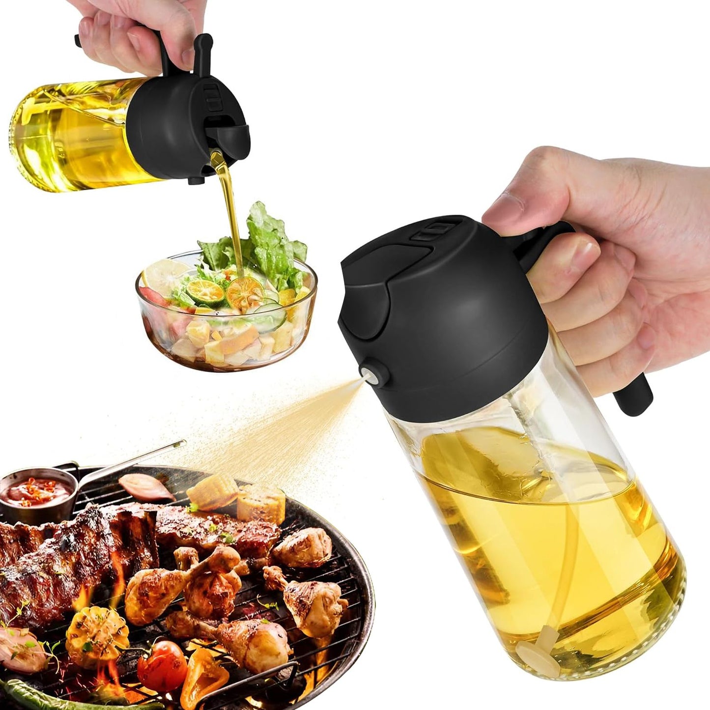 16oz Oil Dispenser Bottle for Kitchen - 2 in 1 Olive Oil Dispenser and Oil Sprayer - 470ml Olive Oil Bottle - Oil Sprayer for Cooking, Kitchen, Salad, Barbecue  Black