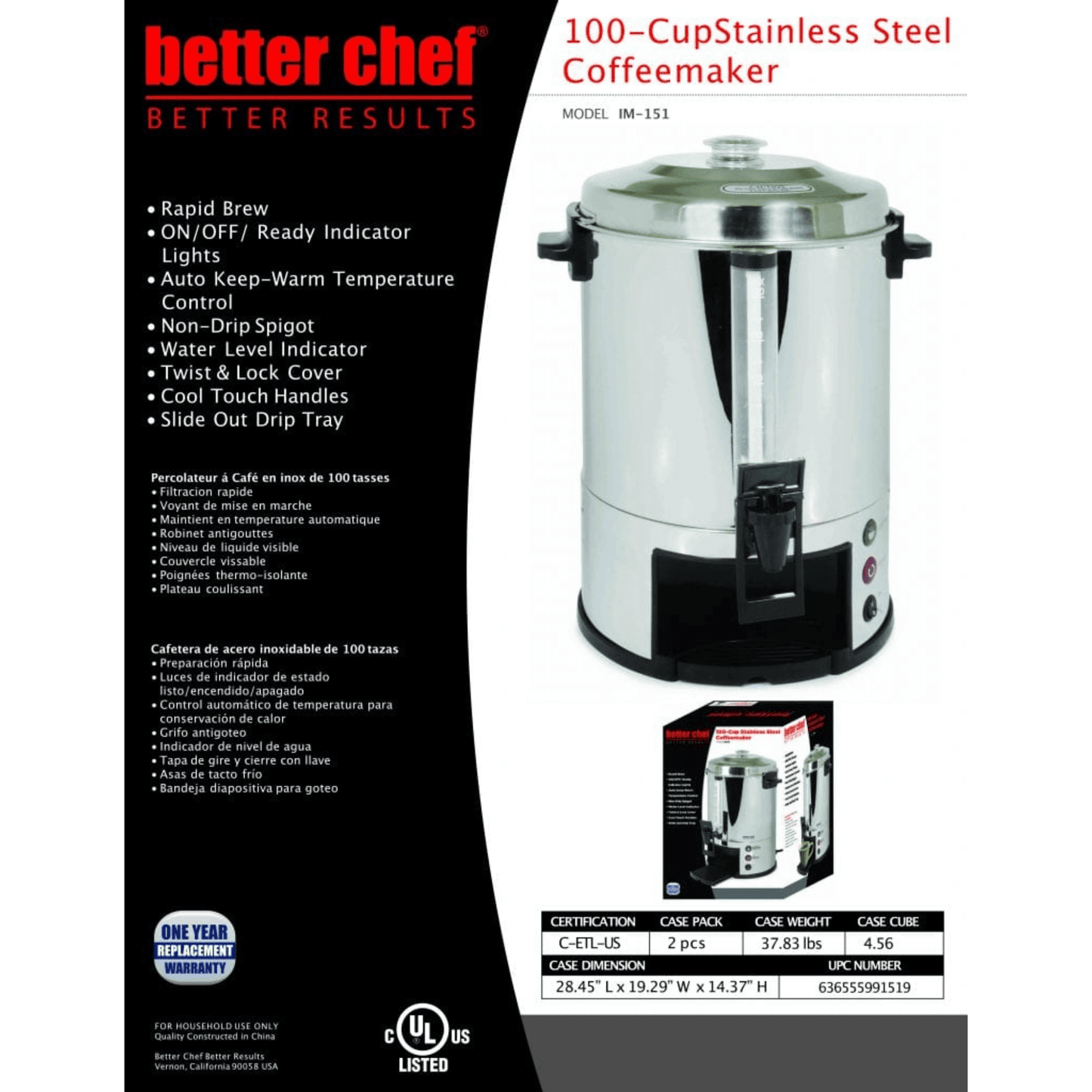 Better Chef 100 Cup Stainless Steel Urn Coffeemaker