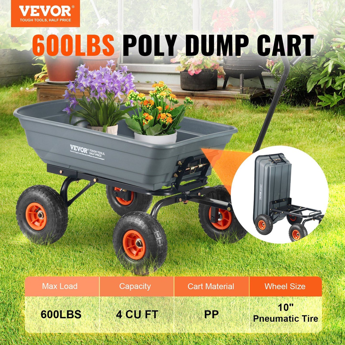 VEVOR Dump Cart, Poly Garden Dump Cart with Easy to Assemble Steel Frame, Dump Wagon with 2-in-1 Convertible Handle, Utility Wheelbarrow 600 lbs Capacity, 10 inch Tires