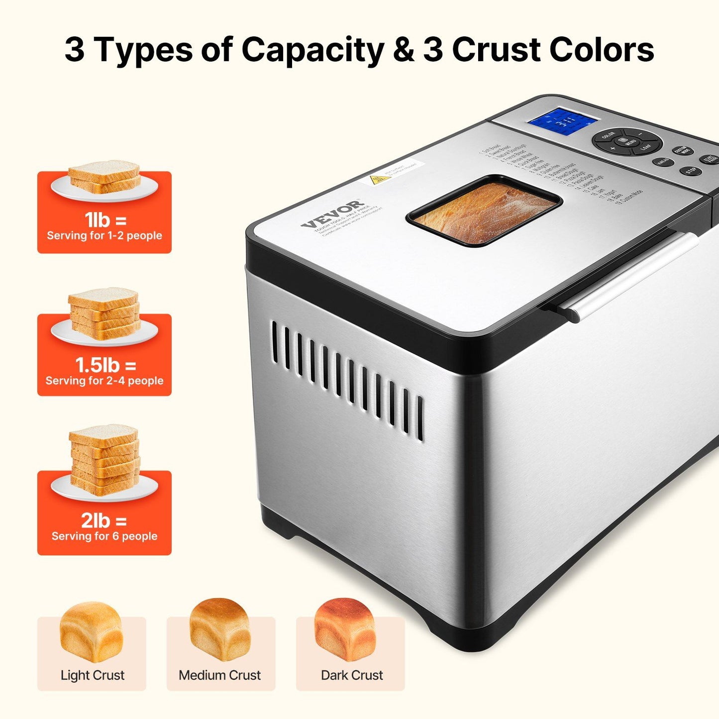 2LB 19-in-1 Bread Maker Automatic Compact Doughonstick Machine N 3 Crust Colors