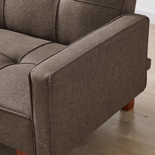 Brown Linen Sofa Bed, Convertible Sleeper Sofa with Arms, Solid Wood Feet and Plastic Centre Legs