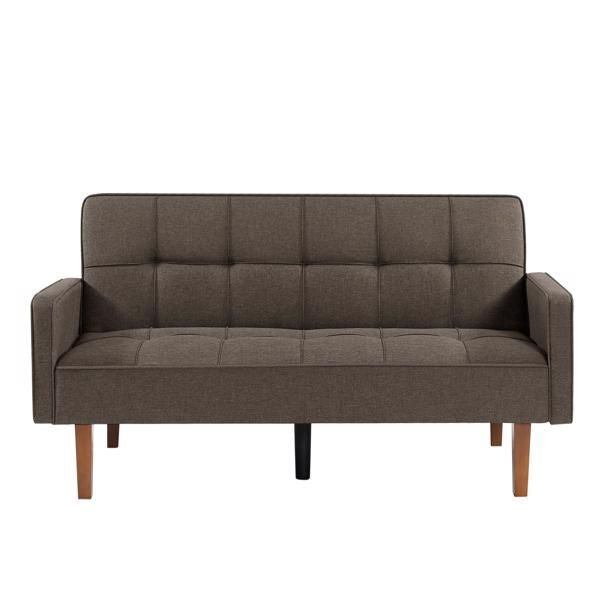 Brown Linen Sofa Bed, Convertible Sleeper Sofa with Arms, Solid Wood Feet and Plastic Centre Legs