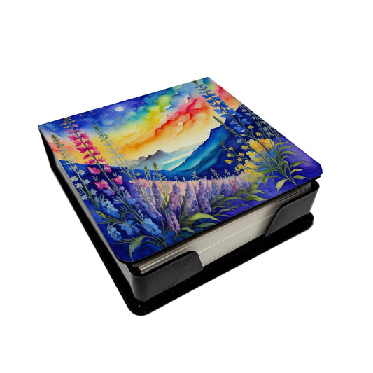 Colorful Delphinium PU Leather Note Paper Holder with Artist-Designed Cover, Desk Accessory, Office Gift