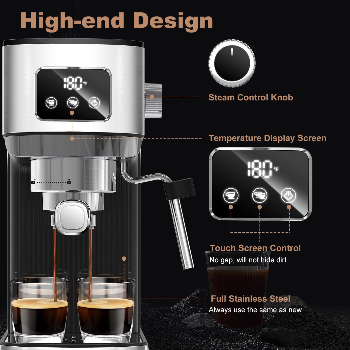 Geek Chef Espresso Machine, Cappuccino & Latte Machine with ESE POD Filter & Milk Frother Steam Wand, Accurate Temperature & Time Control, Compact Coffee Machine for Home,Stainless Steel