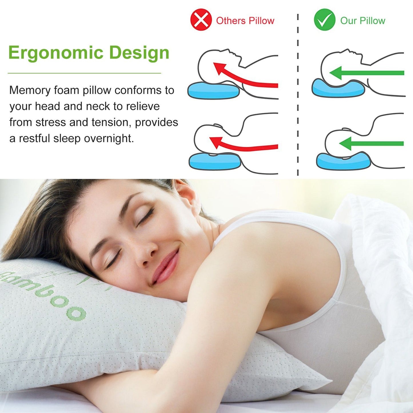 2Pcs Bamboo Memory Foam Pillow Hypoallergenic Bed Pillow For Head Neck Rest Sleeping Shredded Pillow Washable Cover Queen Size Pillow