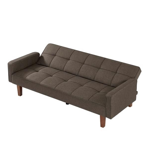 Brown Linen Sofa Bed, Convertible Sleeper Sofa with Arms, Solid Wood Feet and Plastic Centre Legs