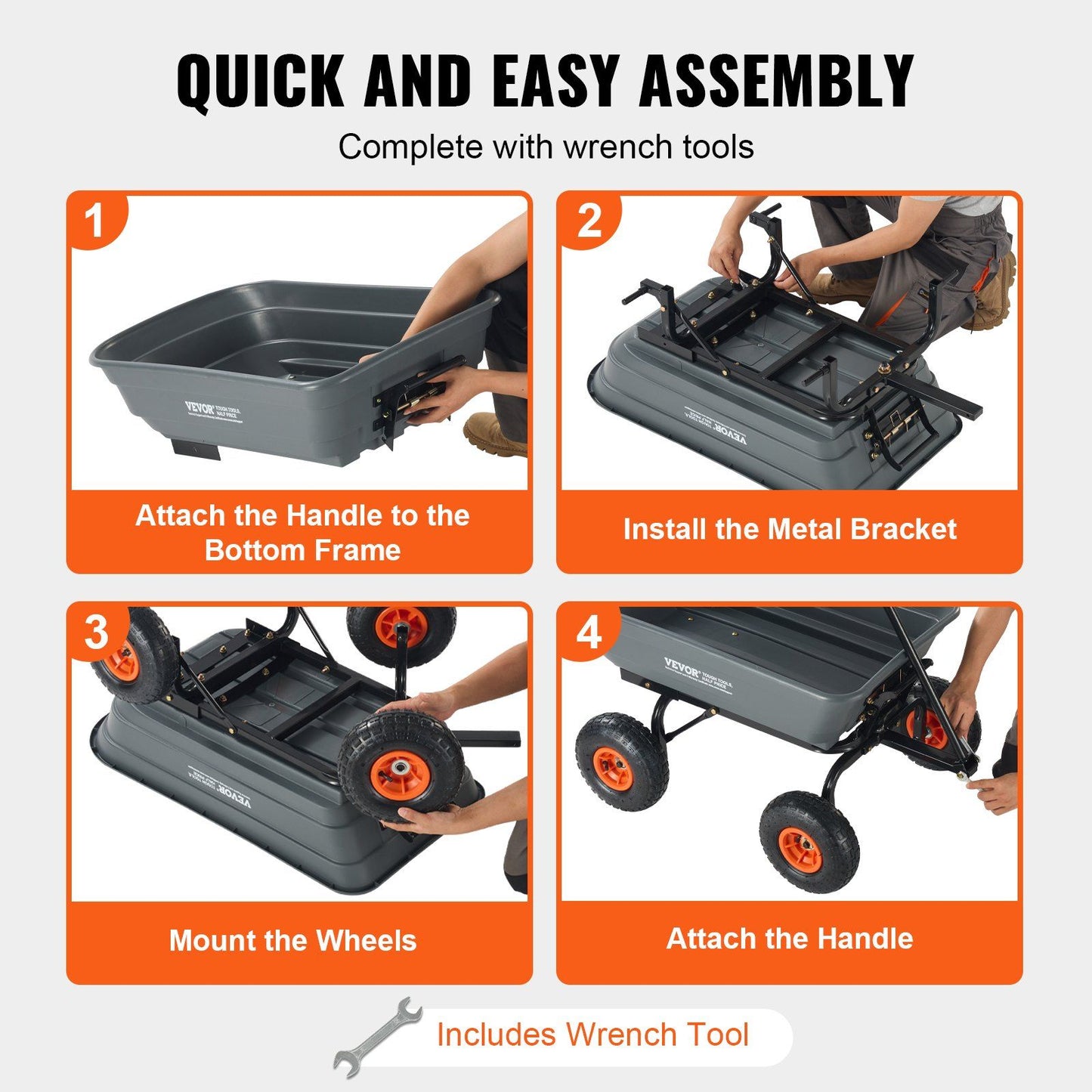 VEVOR Dump Cart, Poly Garden Dump Cart with Easy to Assemble Steel Frame, Dump Wagon with 2-in-1 Convertible Handle, Utility Wheelbarrow 600 lbs Capacity, 10 inch Tires