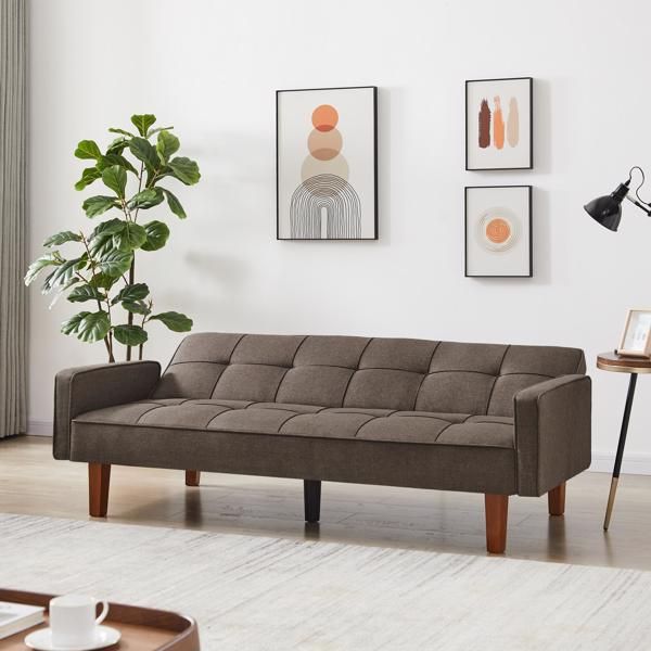 Brown Linen Sofa Bed, Convertible Sleeper Sofa with Arms, Solid Wood Feet and Plastic Centre Legs