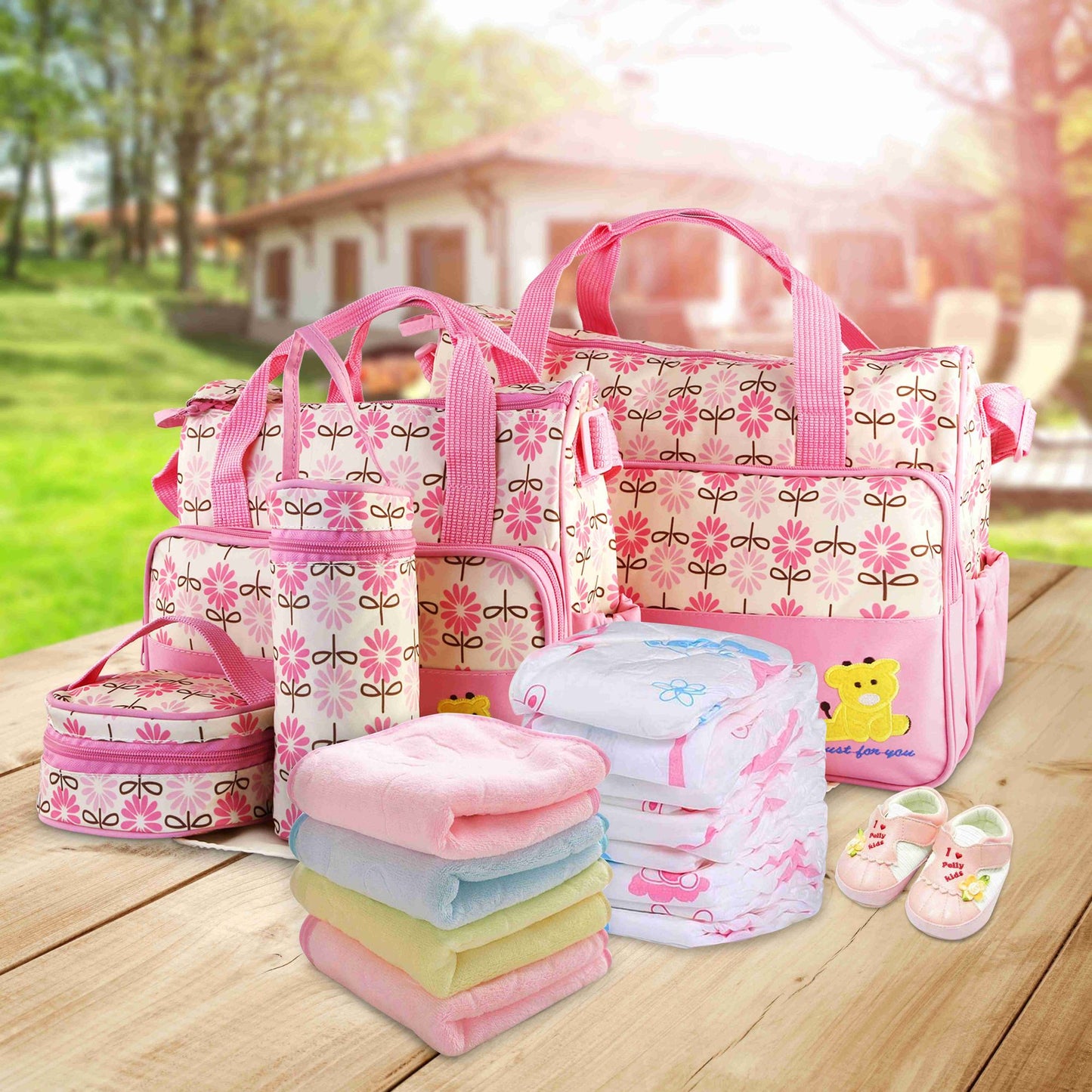 5PCS Baby Nappy Diaper Bags Set Mummy Diaper Shoulder Bags w/ Nappy Changing Pad Insulated Pockets Travel Tote Bags