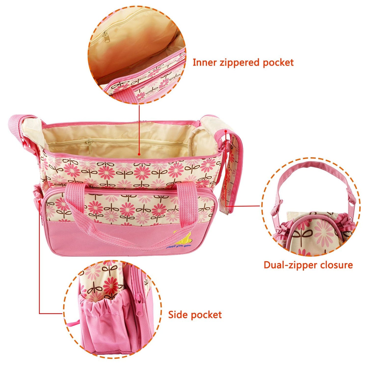 5PCS Baby Nappy Diaper Bags Set Mummy Diaper Shoulder Bags w/ Nappy Changing Pad Insulated Pockets Travel Tote Bags