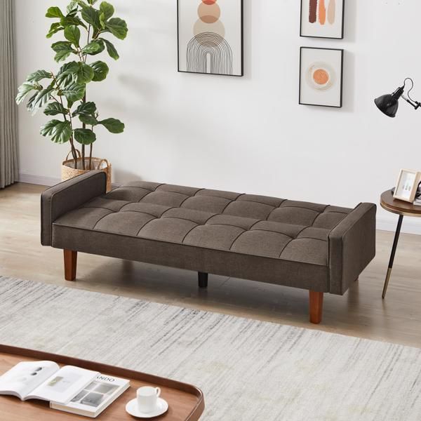 Brown Linen Sofa Bed, Convertible Sleeper Sofa with Arms, Solid Wood Feet and Plastic Centre Legs